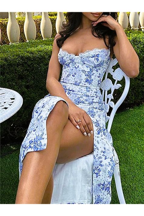 Women Floral Bodycon Maxi Dress Summer Casual Spaghetti Strap Backless Cami Long Dress Low Cut Club Party Streetwear #fashion #style #inspiration #affordable #cheap #occasion #evening #holiday #outfit #affiliate Beach Outfit Dresses, Flower Print Long Dress, Vintage Corset Dress, Maxi Dresses Summer Casual, Brunch Dress, Vintage Corset, Floral Slip Dress, Midi Sundress, Floral Bodycon