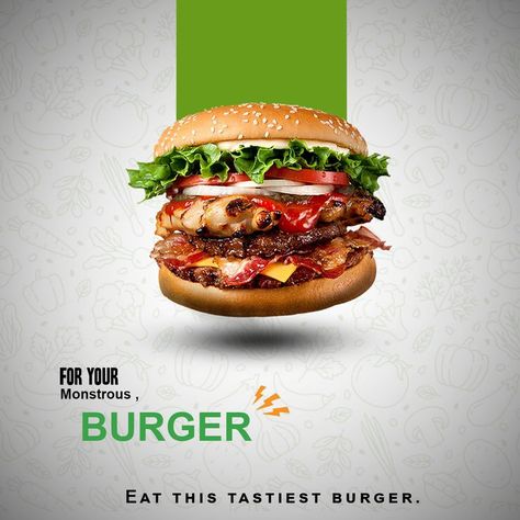 Burger Posters Design, Burger Creative Poster, Burger Design Ideas Graphics, Burger Poster Design Ideas, Food Design Poster Creative Advertising, Burger Design Poster, Burger Creative Post, Burger Poster Ideas, Fast Food Creative Ads