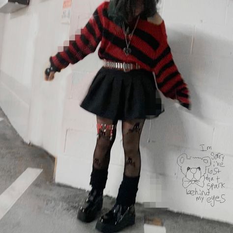 #drain #aesthetic #ootd #outfits #amazonfinds Red Alt Outfits Aesthetic, Red And Black Striped Sweater Outfit, Red And Black Sweater Outfit Grunge, Red And Black Baggy Outfits, Sweater Outfit Inspo Aesthetic, Gore Outfits Aesthetic, Grunge Red And Black Outfit, Aesthetic Red And Black Outfits, Red And Black Outfits Grunge