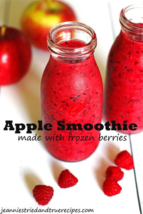 Make this Apple Smoothie by mixing apples and frozen berries.  Perfect smoothie to have as a healthy breakfast or snack.  Kids will also love this fruit smoothie. #applerecipes #smoothierecipes #fallfruit #fallrecipes Apple Berry Smoothie, Apple Juice Smoothie Recipes, Apple Juice Smoothie, Frozen Smoothie Recipes, Heart Healthy Smoothies, Mixed Fruit Smoothie, Strawberry Pineapple Smoothie, Berry Green Smoothie, Apple Smoothie Recipes