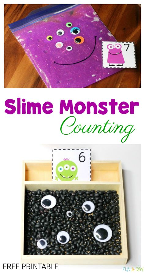 Slime Monster Counting Activity - Love this sensory math activity ideas and the free printable number cards! #Preschool #PreschoolActivities #MathCenters #PreK #FunADay #KidActivities The Colour Monster Activities, Slime Monster, Colour Monster, Breakfast Camping, Monster Activities, Counting Activity, Monster Theme, Halloween Math, Halloween Preschool