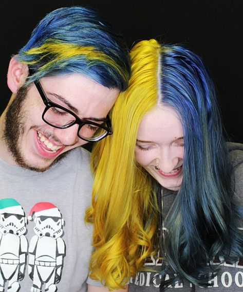 Matching couples hair yellow and blue @lockedbyleah Matching Couple Hair, Couple Hair Dye, Couples Matching Hair Color, Couples Matching Hair Dye, Matching Couple Hair Color, Couples With Matching Dyed Hair, Couple Hair Color Goals, Matching Hair Color Couples, Couples Hair