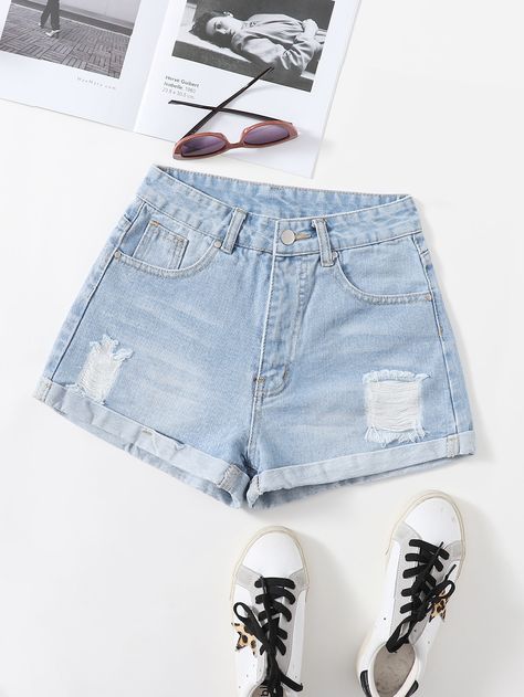 Light Wash    Denim Plain Straight Leg Embellished Non-Stretch  Women Denim Shein Denim Shorts, Shorts For Girls Summer, Jean Shorts Shein, Short Shein, Summer Jean Shorts Outfit, Women Denim Shorts, High Waisted Ripped Jeans, Jean Short Outfits, Denim Shorts Outfit