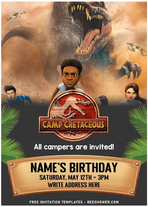 Download (Free Editable PDF) Thrilling Fun Jurassic Camp Cretaceous Invitation Templates Camp Cretaceous Birthday Party, Jurassic Camp Cretaceous, Jurassic Park Birthday Party, Instagram Timeline, Jurassic Park Birthday, Free Printable Baby Shower Invitations, Park Birthday, Camp Cretaceous, Party 2023