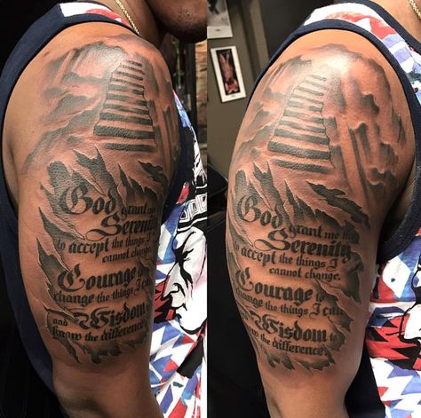 Stairway to heaven/ God grant me serenity scripture God Grant Me The Serenity Tattoo Forearm, God Grant Me The Serenity Tattoo, Grant Me The Serenity Tattoo, Shoulder Tattoo Black Men, Serenity Prayer Tattoo, Star Sleeve Tattoo, Serenity Tattoo, Prayer Tattoo, Dark Skin Tattoo