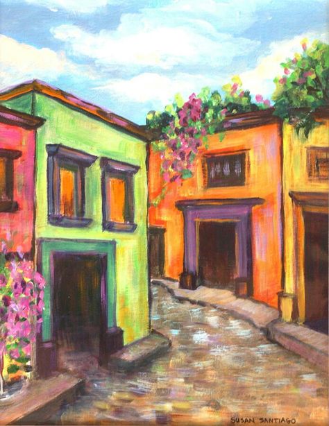 Mexican calle Santiago, Tela, Mexican Canvas Art, Mexican Town Painting, Spain Acrylic Painting, Mexican House Painting, Mexican Village Art, Simple Mexican Paintings, Spanish Paintings Easy