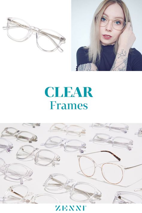 When people want bolder eyewear, they typically opt for frames in black, brown, or tortoiseshell. Clear frames are another option for making a statement with your eyewear. While clear frames have been around for a while now, they’ve only started to gain in popularity more recently. Today, Zenni offers a wide range of clear frames in a variety of shapes and sizes.  Also known as translucent or colorless frames, clear glasses are great for both men and women and add fun style to your overall look. Clear Plastic Frames Glasses Woman, Clear Eye Glasses Frames, White Eyeglasses For Women, Transparent Eyeglasses Women, Clear Frames Eyeglasses For Women, Zenni Glasses Woman Popular, Clear Eyeglasses For Women, Womens Clear Glasses Frames, Clear Cat Eye Glasses Frames