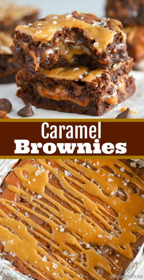 Caramel Slices Recipes, Easy Caramel Brownies Recipes, Frosted Desserts, Carmel Brownies, Winter Desserts Easy, Stuffed Brownies, Celebrating Sweets, Caramel Drizzle, Salted Caramel Brownies