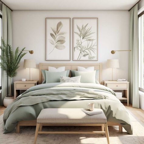 Master Bedrooms Couples, Small Apartment Natural Decor, Sage Modern Bedroom, Neutral And Forest Green Bedroom, 1 Bedroom Apartment Living Room, Closet Colour Ideas, Green Beige White Bedroom, Scandinavian Green Bedroom, Green White Tan Bedroom