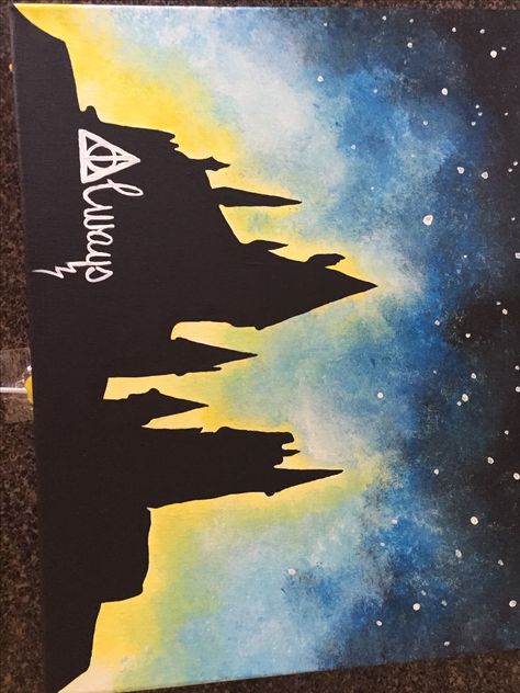 Made for T. I used a printed Hogwarts silhouette to trace and lots of paint blending Hogwarts Wall Painting, Harry Potter Easy Painting, Hogwarts Painting Easy, Easy Harry Potter Painting, Harry Potter Painting Ideas On Canvas, Harry Potter Canvas Painting, Harry Potter Art Painting, Hogwarts Watercolor, Harry Potter Paintings