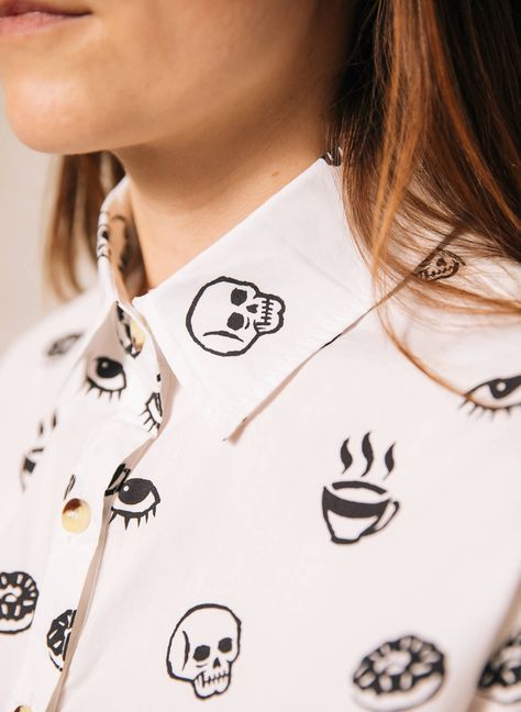 Raise Hell Eat Tacos Button-Up Casual Food Shirt | Pyknic Hawaiian Button Up Outfit Women, Womens Hawaiian Shirt Outfit, Quirky Shirts, Donut Outfit, Sew Blouse, Cozy Goth, Sew Button, Hipster Food, Shirt Desing