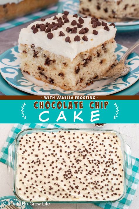 This chocolate chip cake recipe is incredibly easy, guaranteeing a fluffy and moist cake every time. Topped with luscious vanilla frosting and decorated with mini chocolate chips, this cake is an absolute crowd-pleaser. Follow our step-by-step instructions and make this delicious dessert today! White Cake With Chocolate Chips, Easy Chocolate Chip Cake Recipe, Choc Chip Cake Recipe, Best Chocolate Chip Cake Recipe, Box Cake Recipes Easy, Chocolate Chip Pudding Cake, Dessert Recipes With Chocolate Chips, Kids Birthday Desserts, Best Sheet Cake Recipes