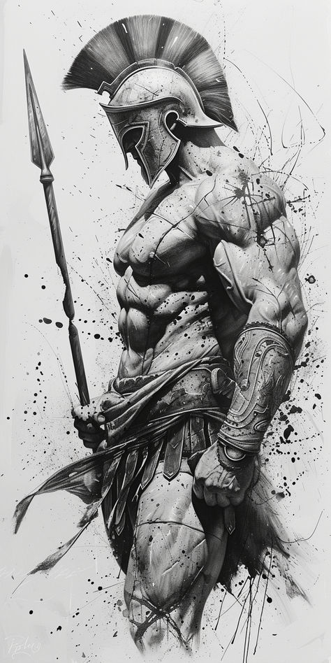 Spear And Shield, Ancient Sparta, Gladiator Tattoo, Muscular Physique, Corinthian Helmet, Spartan Tattoo, Warrior Concept Art, Warrior Drawing, Greek Mythology Tattoos