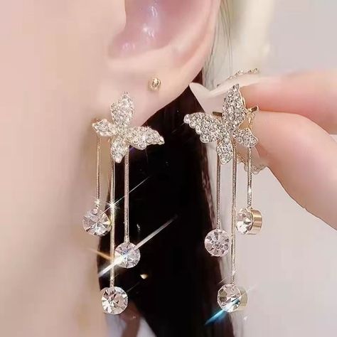 Fashion Jewelry Earrings Unique, Alibaba Jewelry, Shiny Butterfly, Pearl Fashion, Stud Fashion, Korean Earrings, Long Tassel Earrings, Butterfly Earrings Stud, Silver Jewelry Earrings