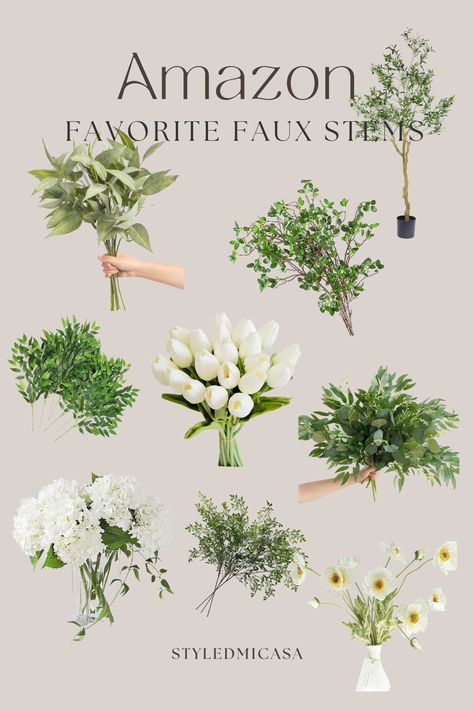 The best faux stems, florals, and tree from amazon Faux Greenery In Vase, Best Fake Flowers Decor Home, Faux Florals Wedding, Amazon Faux Stems, Faux Flower Vase, Faux Flower Stems, Best Faux Plants On Amazon, Best Faux Flowers On Amazon, Decorating With Faux Flowers