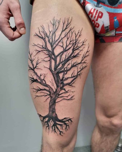 Tree Thigh Tattoo, Tree Leg Tattoo, Upper Leg Tattoos, Tree Roots Tattoo, Tree Tat, Thigh Tattoo Men, Upper Thigh Tattoos, Roots Tattoo, Tree Tattoo Men