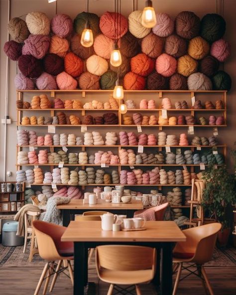 Yarn And Coffee, Craft Shop Aesthetic, Yarn Shop Aesthetic, Yarn Shop Ideas, Yarn Store Aesthetic, Crochet Business Aesthetic, Craft Store Aesthetic, Craft Store Display Ideas, Yarn Room Ideas