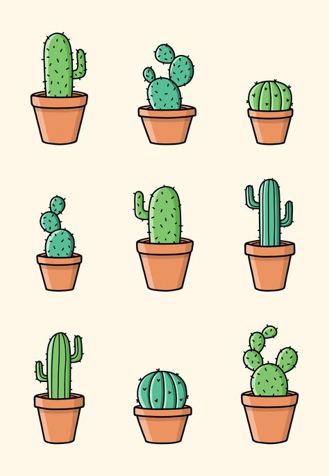 Cute Cacti Drawing, Cactus In Pot Drawing, Cactus In A Pot Drawing, Cactus Garden Drawing, Plants Cartoon Drawing, Cute Cactus Drawing Kawaii, Tiny Stickers To Print, Cartoon Plants Drawings, Plant Cartoon Drawing