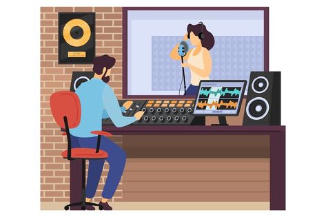 Male character sound producer record female singer in music studio isolated on white, flat vector illustration. Room musical instrument speakers, remote control area. Musical accompaniment note. Music Studio Illustration, Concert Illustration, Music Drawings, Music Illustration, Flat Vector Illustration, Male Character, White Flat, Music Composers, Studio Recording