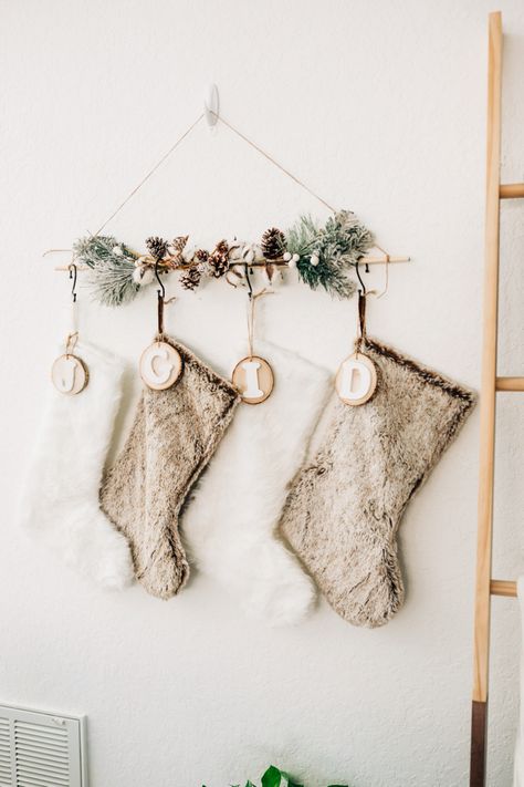 Hanging Stocking Ideas Without Fireplace, Hang Christmas Stockings Ideas, Christmas Decor Stocking Ideas, Natal, Boho Stocking Holder, Stocking With No Mantle, Non Fireplace Stocking Ideas, Where To Hang Stockings Without A Fireplace, Hang Stockings No Fireplace