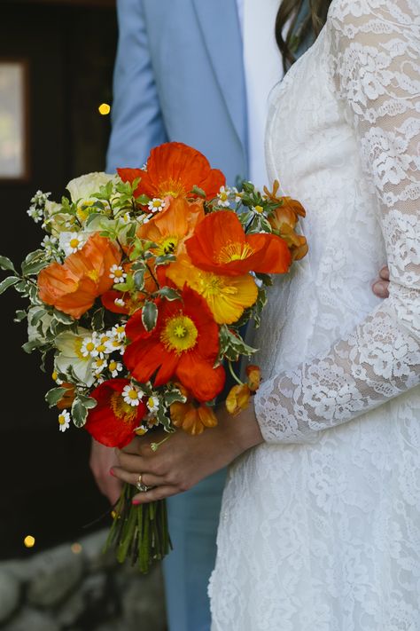 California Flower Bouquet, Poppy Wildflower Bouquet, Poppies And Daisies Bouquet, Poppy In Hair, Orange Poppy Wedding Bouquet, California Poppies Bouquet, 70s Flower Bouquet, Poppy And Sunflower Bouquet, California Poppy Bouquet Wedding