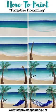 Beach Step By Step Painting, Paint Nite Ideas Step By Step Easy, Paint By Step, Summer Painting Tutorial, How To Paint Palm Trees Step By Step, Paint Nite Step By Step, Paint Party Painting Ideas, Paint Nite Ideas Step By Step, Step By Step Painting For Kids