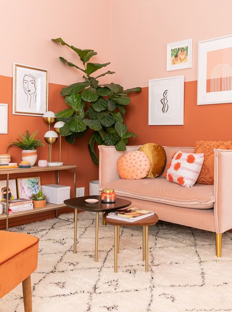 color adventures: an orange-inspired living room! - Oh Joy! Light Peach Living Room Walls, Living Room Painting Decor, Salmon Office Walls, Orange Color Room Ideas, Peach Walls Living Room Ideas, Salmon Room Bedrooms, Colourful Neutral Living Room, Colorful Interior Walls, Pastel Orange Living Room