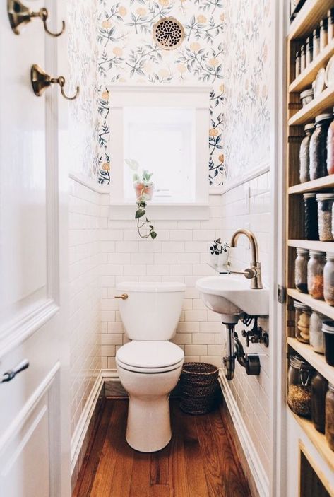 dream house, home design, wood floor, bathroom, half bath, white, tile, wallpaper, brass, interior design, Mid Century Maximalism, Classy Wallpaper, Power Room, Powder Room Design, Powder Room Small, Bad Inspiration, Bathroom Color, Tiny Bathrooms, White Subway Tile