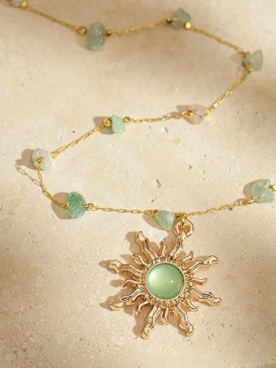 HIPPIE BOHO JADE CRYSTAL SUN NECKLACE: The sun is a symbol of warmth, light, and life, representing energy, vitality, and creativity. It can also symbolize growth, strength, and power. With its elegant design and versatile style, this sun necklace is sure to be a cherished addition to any jewelry collection Sun Jewelry Aesthetic, Sun Necklace Aesthetic, Jade Necklaces, Sun Choker, Hippie Sun, Healing Nature, Sun Jewelry, Sun Necklace, Jade Crystal