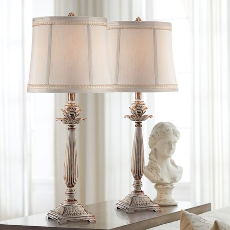 Regency Hill Shabby Chic Table Lamps Set of 2 Antique White Washed Petite Artichoke Font Beige Fabric Bell Shade for Living Room - Walmart.com - Walmart.com French Country Lamps, Country Table Lamp, Shabby Chic Table Lamps, French Country Table, Country Lamps, Cottage Table, Buffet Table Lamps, Shabby Chic Lamp Shades, Traditional Table Lamps