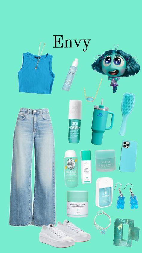 Envy from Inside Out inspired fit#Teal Envy Outfit Ideas Inside Out, Inside Out Outfit Ideas Aesthetic, Inside Out 2 Aesthetic, Inside Out Inspired Outfits, Inside Out 2 Outfit Ideas, Inside Out Outfit Ideas, Envy Inside Out, Coraline Inspired Outfit, Inside Out Costume