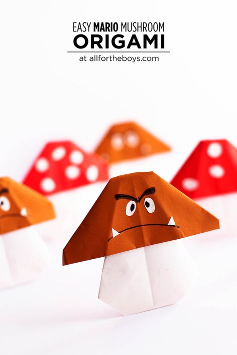 Easy Mario Mushroom origami craft Cool Paper Crafts Origami, Mushroom Origami, Jumping Frog Origami, Mario Day, Mario Crafts, Super Mario Bros Games, Origami Techniques, Mushroom Crafts, Crafts Origami