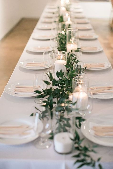 Minimalist natural wedding decor ideas - Album on Imgur Super Simple Wedding Table Decor, Alternating Table Centerpieces, 8ft Banquet Table Wedding, Flowers Hanging From Chandelier Wedding, Willow Eucalyptus Wedding, Smilax Wedding, Greenery Wedding Reception, Elegant Wedding Jewelry, Feasting Table