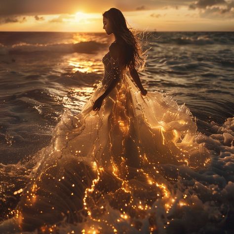 Bathed in the golden glow of sunset, a vision in gossamer and glimmer emerges from the surf. She moves with the grace of the tides, her dress a cascade of celestial sparkle merging with the sea's froth. This isn't just a moment; it's a memory sculpted by light and water, a testament to the beauty that thrives at the edge of earth and ocean. 🌅✨🌊 Spiritual Photography, Romance Inspiration, Water Magic, Inspirational Pics, Fantasy Worlds, Golden Thread, Pretty Phone Wallpaper, Celestial Art, Golden Glow