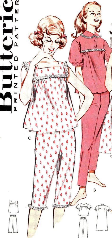 Mary and Evelyn Block 4 Croquis, Retro Pajamas, 1950s Pajamas, Nightgown Sewing Pattern, 1950s Lingerie, 1950s Woman, Butterick Patterns Vintage, Babydoll Nightgown, Vintage Pajamas