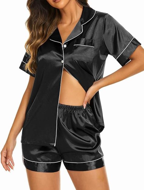 Ekouaer Womens Satin Silk Pajamas Set Short Sleeve Button Down Top and Shorts Sleepwear 2 Piece Pjs Set,Black,Small at Amazon Women’s Clothing store Pijama Satin, Pyjama Satin, Short Satin, Satin Pj Set, Pyjamas Womens, Cute Pajama Sets, Silk Pajama Set, Satin Shorts, Satin Short