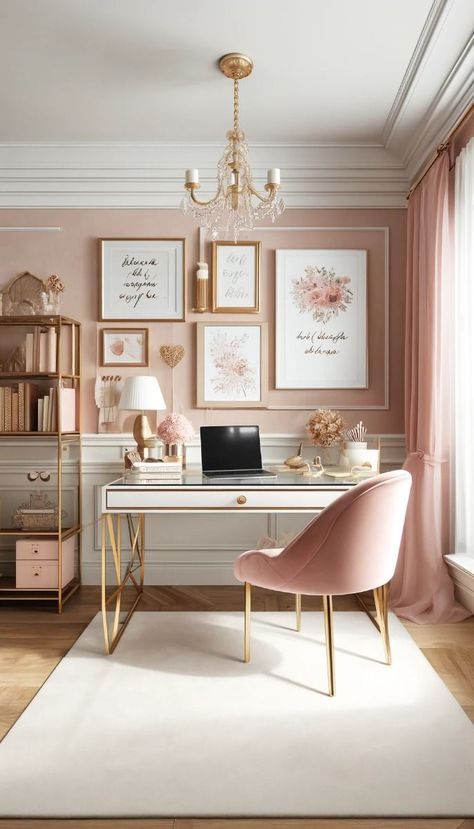 Women Office Space At Home, Study Room Shelf Ideas, Blush Office Chair, White Velvet Office Chair, White And Pink Home Office, Pink Accents In Living Room, Pink Office Furniture, Vision Board Home Office, Women Office Wallpaper