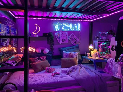 Shrimp on Twitter: "Havin a great night… " Chambre Indie, Neon Bedroom, Otaku Room, Gamer Room Decor, Chill Room, Neon Room, Gaming Room Setup, Indie Room, Cute Bedroom Decor