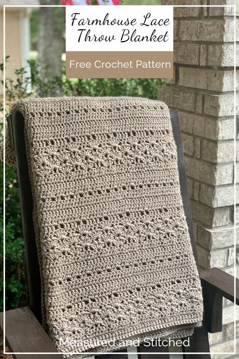 Free Crochet Throw Blanket Pattern - Crochet Blanket Pattern - Add farmhouse charm to your home with the Farmhouse Lace Crochet Throw Blanket! #crochet #freecrochetpattern #crochetblanket #crochethomedecor #farmhouse Crochet Throw Blanket Pattern, Rustic Throw Blanket, Farmhouse Crochet, Throw Blanket Crochet, Afghan Crochet Patterns Easy, Rustic Blankets, Crochet Throw Pattern, Throw Blanket Pattern, Crochet Afghan Patterns Free