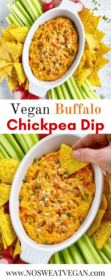 This Buffalo Chickpea Dip is the perfect balance of creamy and spicy. You just need a handful of ingredients to make this oil-free vegan dip. It's great for game day, movie night, or holiday parties, but it can also be added to wraps, sandwiches, and vegan quesadillas! Buffalo Cauliflower Dip Vegan, Vegan Hot Dip Recipes, Game Day Vegan Food, Snacks To Make For A Party, Plant Based Dip Recipes, Vegan Appiterzers Easy Recipes, Vegan Buffalo Chickpea Wrap, Vegan Dips For Chips, Easy Veggie Appetizers For A Party