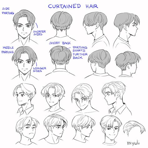 Miyuli on Twitter: "Curtained hair… " Male Character Hair Reference, Middle Part Hairstyle Drawing, How To Draw Middle Part Hair, Drawing Short Hair Guys, Male Hairstyle Drawing Reference, Short Hairstyles Art Reference, Hair Male Reference Drawing, Hair Reference Drawing Short, Middle Part Drawing Male