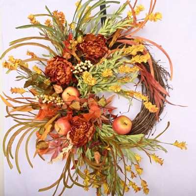 Large artificial front door indoor wreath, fall thanksgiving day apple peony wreath. | Primrue 26" Silk Wreath Most Realistic Faux / Silk in Orange / Yellow | 26 H x 26 W x 6 D in | Wayfair Fall Flower Arrangements Tall Vase, Front Door Wresth, Classy Wreaths For Front Door, White And Gold Fall Decor, Farmhouse Grapevine Wreath, Fall Grapevine Wreaths Autumn, Sunflower Grapevine Wreath, Fall Hallway Decor, Fall Door Wreaths Diy