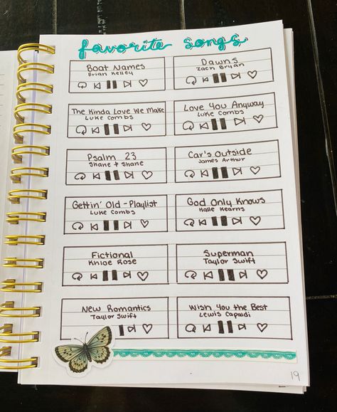 music, favorite songs, bullet journal, notebooks, butterflies, stickers, tracker, green blue Songs That Give You Butterflies, Favorite Song Journal Page, Journal Songs Page, Bullet Journal Music Page, Favorite Songs Journal Page, Journal Favorite Songs, Songs Journal Page, Fav Songs Journal, Journal Song Lyrics