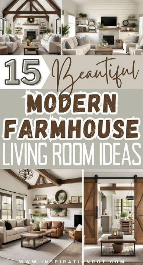 15 Beautiful Modern Farmhouse Living Room Ideas for Home Decor Inspiration. The modern farmhouse style has taken the home decor world by storm. If you’re looking to style your living room with modern farmhouse charm, you’re in the right place! Let’s explore 15 modern farmhouse living room ideas to help you create a space that exudes comfort, style, and charac...#Farmhouse #the #HomeIdeas #DecorTips #Embracing #InteriorDesign #Charm #HomeInspiration #Decor #Style #of #HomeDecorating #HomeDecor Family Room Inspiration Modern, Modern Farmhouse Updates, Natural Rustic Living Room, Modern Rustic Living Room Decor Ideas, Modern Farmhouse Furniture Living Room, Modern Farmhouse Kitchen Living Room, Modern Farmhouse Decorating Ideas, Rustic Den Room Ideas, Modern Farm Living Room