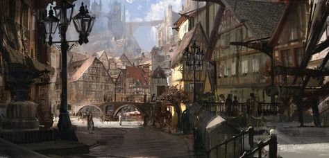 W. Kashin Fantasy Town, Fantasy City, Fantasy Places, Fantasy Setting, Landscape Scenery, Fantasy Concept Art, Medieval Town, 판타지 아트, High Fantasy