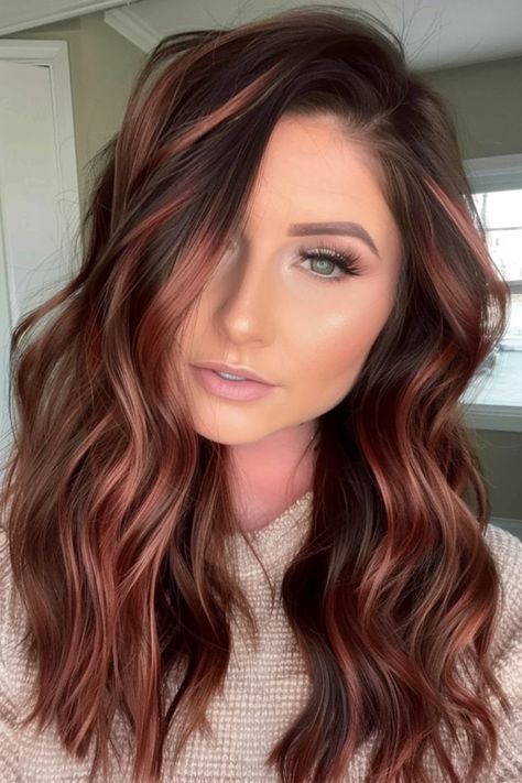 Balayage, Dark Brown Red Balayage Hair, Brown Hair And Copper Highlights, Cherry Brown Hair With Blonde Highlights, Red Hair For Brown Hair, Highlighted Red Brown Hair, Dark Brown Hair Balayage Rose Gold, Rose Gold Copper Hair Brunette, Light Brown Hair With Red Ombre