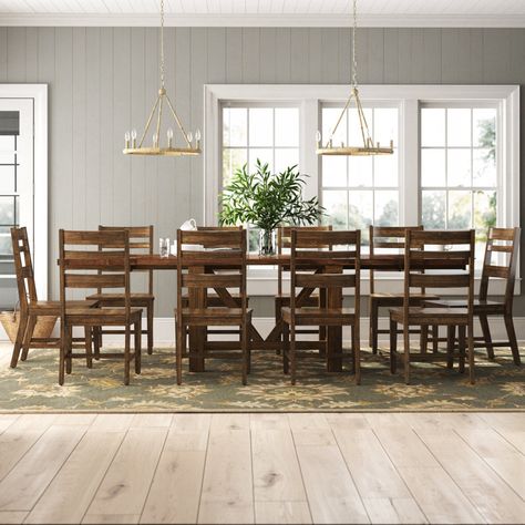 Birch Lane™ Marius Extendable Pine Solid Wood Dining Set & Reviews | Wayfair Long Narrow Dining Table, 12 Person Dining Table, 10 Person Dining Table, Farmhouse Table And Chairs, 8 Person Dining Table, Dining Table With Leaf, Wood Dining Room Table, Homemade Meals, Solid Wood Dining Set