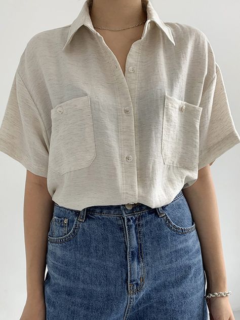 Beige Casual  Short Sleeve Viscose Plain Shirt Embellished Non-Stretch  Women Tops, Blouses & Tee Beige Shirt Outfits Women, Beige Blouse Outfit, Short Sleeve Blouse Outfit, Casual Summer Outfits Shorts, Linen Shirt Outfit Women, Short Sleeve Shirt Outfit, Sleeve Shirt Outfit, Linen Shirt Outfit, Oversized Shirt Outfit