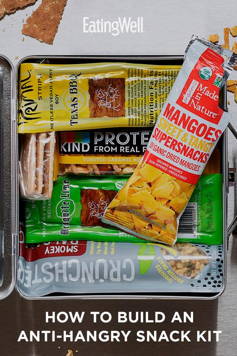 The next time you start feeling hangry, reach for this kit and stomp your cravings with one of these satisfying snacks. Don't get caught empty-­handed with an empty stomach: pack an "always-with-you" kit full of satisfying, shelf-stable snacks to keep in your car, bag or office drawer. #backtoschool #backtoschoolrecipes #kidfriendlyrecipes #recipe #eatingwell #healthy Snacks, Easy Snack Mix, Satisfying Snacks, Car Snacks, Vegan Jerky, Office Drawer, School Lunch Recipes, Hearty Snacks, Veggie Chips