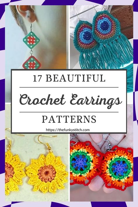 17 Beautiful Crochet Earrings Patterns Diy Yarn Earrings, Diy Crochet Jewelry, Yarn Projects Crochet, Fancy Crochet, Boho Crochet Patterns, Scrap Yarn Crochet, Crochet Necklace Pattern, Wire Crochet Jewelry, Crochet Purse Pattern Free